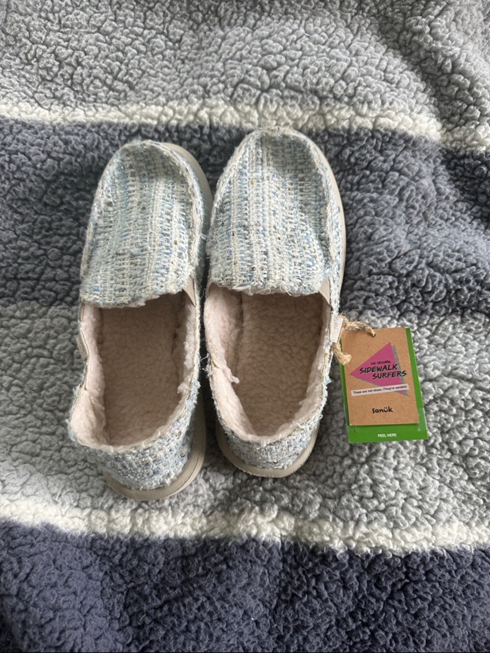 Sanuk Tweed Slip-On Shoes in Light Blue and Cream